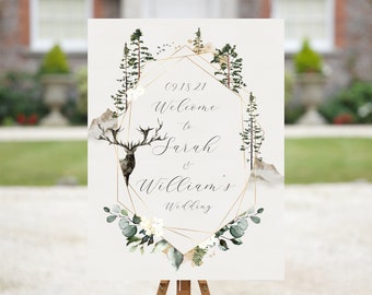 Woodland Wedding Welcome Sign, Geometric Gold and Green Custom Wedding Welcome Poster, Rustic Mountain Lodge Outdoor Wedding, Printable