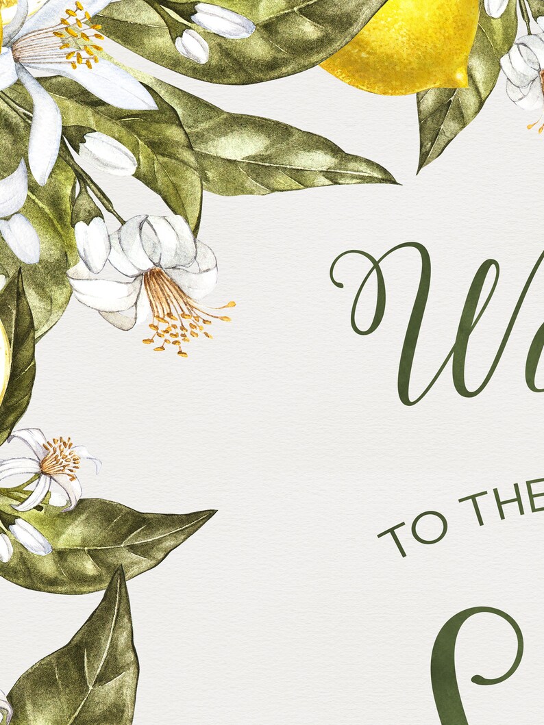 printable yellow citrus reception entrance poster summer destination wedding decor botanical lemon wedding welcome sign