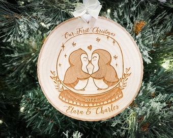 our first christmas wood slice penguin ornament for couple, personalized woodland holiday ornament, christmas gift stocking stuffer