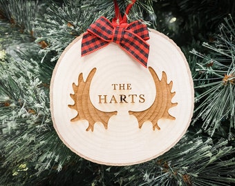 personalized family christmas ornament, custom wood slice holiday ornament gift for couple, woodland christmas tree decor