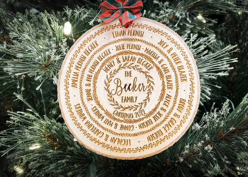 personalized family tree ornament, wood slice christmas ornament, custom stocking stuffer holiday keepsake gift, grandparents gifts image 3