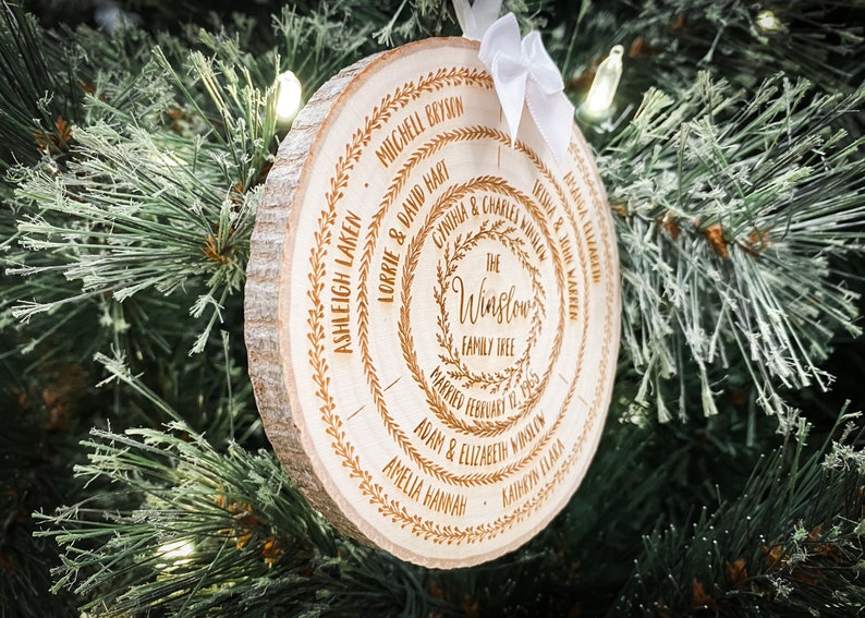 personalized family tree ornament, wood slice christmas ornament, custom stocking stuffer holiday keepsake gift, grandparents gifts image 4