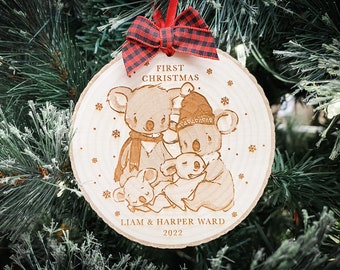 personalized twins christmas ornament, baby's first christmas wood slice holiday ornament, newborn koala family keepsake gift