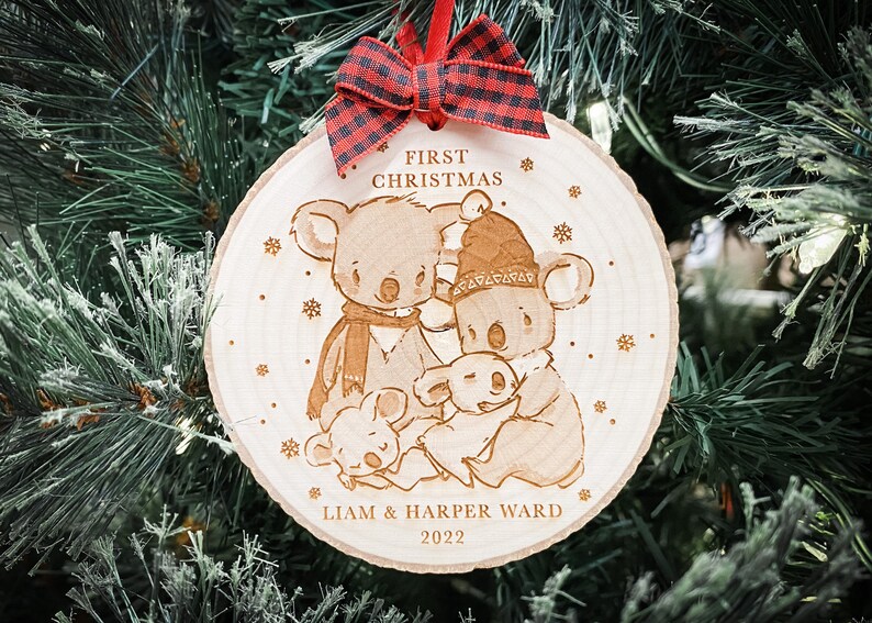 personalized twins christmas ornament, baby's first christmas wood slice holiday ornament, newborn koala family keepsake gift image 1