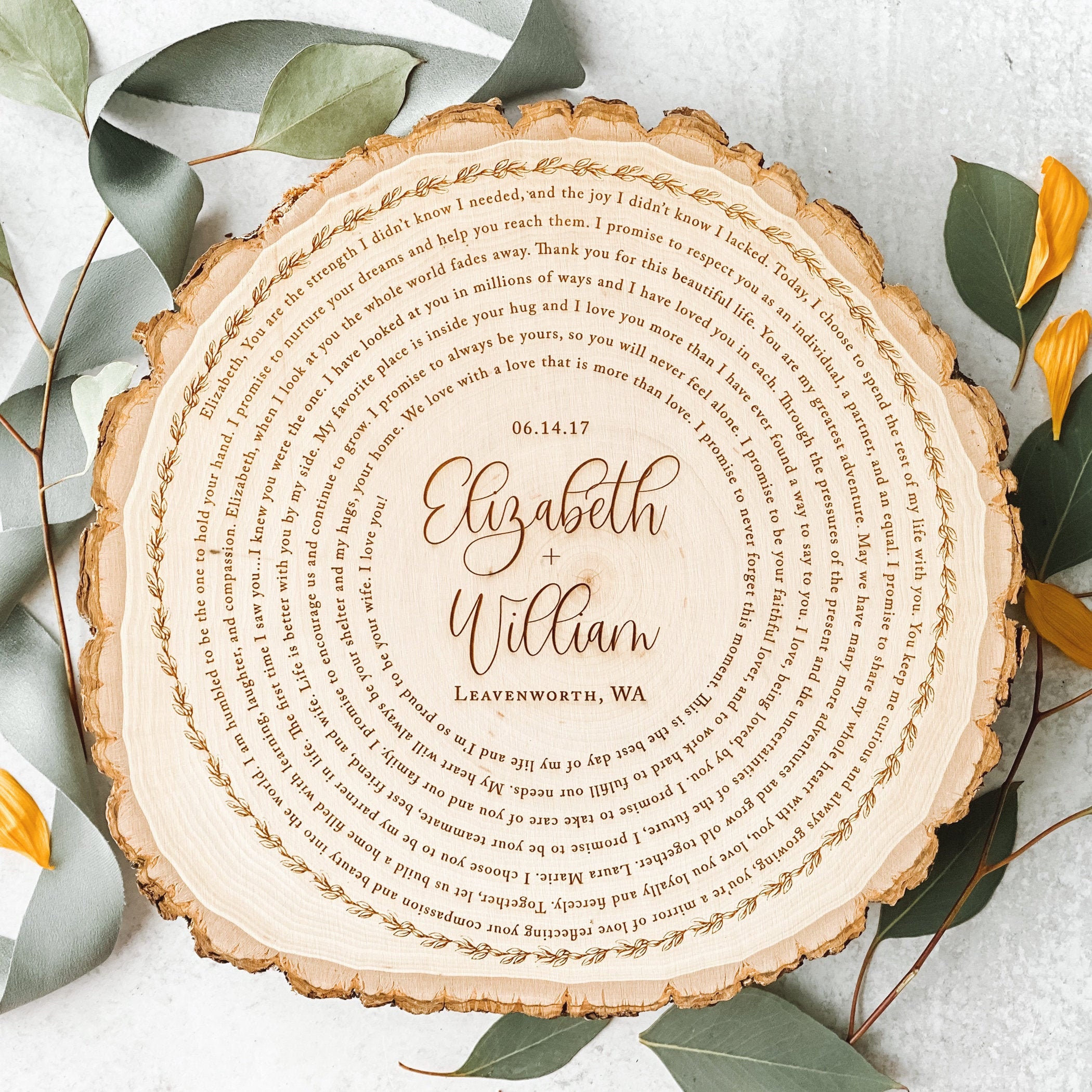 Hand Engraved Vows Wood Slice