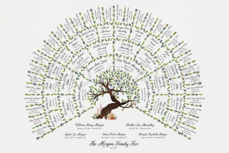 May include: A watercolor illustration of a family tree with green and blue foliage. The tree is surrounded by names and dates, including "The Morgan Family Tree" at the bottom.