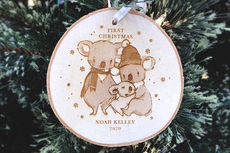 personalized twins christmas ornament, baby's first christmas wood slice holiday ornament, newborn koala family keepsake gift image 3