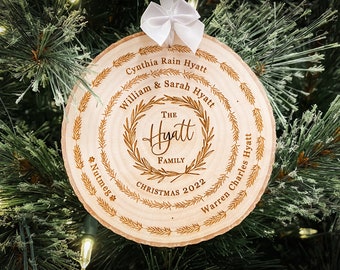 personalized family tree ornament, custom wood slice christmas ornament, stocking stuffer holiday keepsake, grandparents gifts