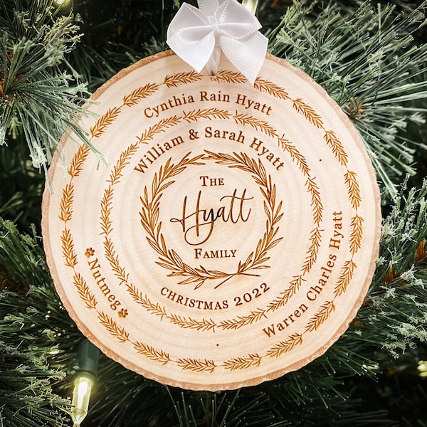 personalized family tree ornament, custom wood slice christmas ornament, stocking stuffer holiday keepsake, grandparents gifts