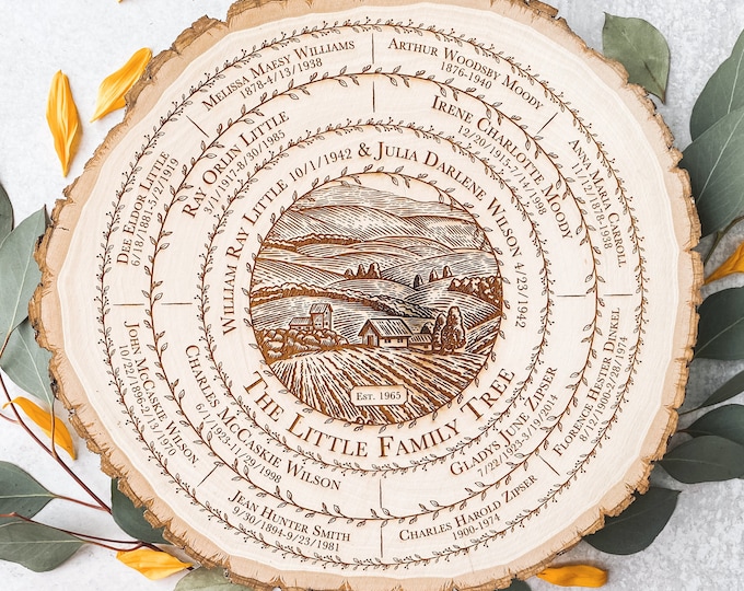 Engraved Wood Slice Family Tree Chart, Personalized Genealogy Gift