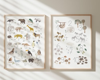 Imagem infantil "ABC" e "Números" - conjunto de 2 - alfabeto animal + números / pôster ABC + pôster de números / volta às aulas / escrita básica / letras maiúsculas