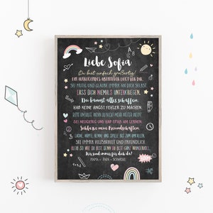 Może przedstawiać: Kolorowa tablica z napisem "Liebe Sofia" i listą budujących zdań dla dziecka. Tablica jest ozdobiona tęczami, gwiazdami i innymi fantazyjnymi ilustracjami.