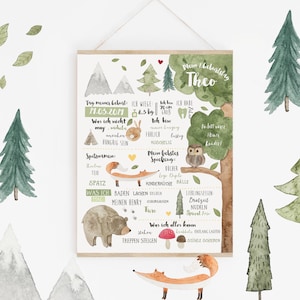 May include: A watercolor illustration of a woodland-themed baby announcement poster. The poster features a fox, a bear, an owl, and a bunny. The poster includes the baby's name, Theo, birthdate, weight, and length. The poster also includes a list of things the baby can do, such as laugh, smile, and walk. The poster is a great way to announce the arrival of a new baby.