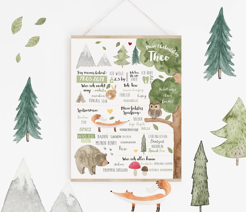 May include: A watercolor illustration of a woodland-themed baby announcement poster. The poster features a fox, a bear, an owl, and a bunny. The poster includes the baby's name, Theo, birthdate, weight, and length. The poster also includes a list of things the baby can do, such as laugh, smile, and walk. The poster is a great way to announce the arrival of a new baby.