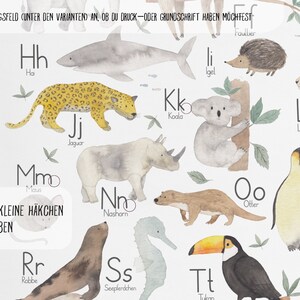 May include: A colorful alphabet chart featuring watercolor illustrations of animals. Each letter is paired with an animal, such as a giraffe for G, a penguin for P, and a toucan for T. The chart includes the German words for each animal.