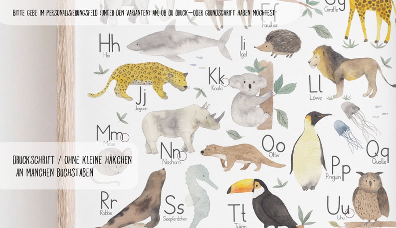 May include: A colorful alphabet chart featuring watercolor illustrations of animals. Each letter is paired with an animal, such as a giraffe for G, a penguin for P, and a toucan for T. The chart includes the German words for each animal.