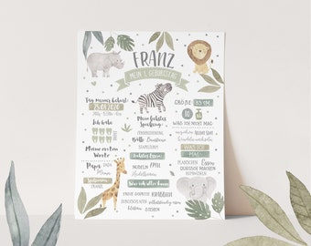May include: A watercolor illustration of a jungle-themed first birthday chart for a baby named Franz. The chart includes details like the baby's birthdate, height, favorite foods, and first words. The illustration features a zebra, giraffe, rhino, lion, and elephant.