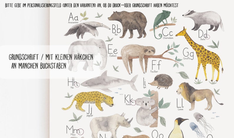 May include: A colorful alphabet poster featuring animals and their names in German. The poster is illustrated with watercolor paintings of animals like a sloth, a giraffe, a chameleon, and a shark. The poster includes the text "GRUNDSCHRIFT / MIT KLEINEN H&Auml;KCHEN AN MANCHEN BUCHSTABEN".