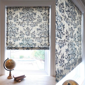 Damask Patterned Roman Shade | 100% Linen | Blinds | Window Shades | Exclusive | Contemporary | Blackout | Cotton | Blue | Navy | Handmade