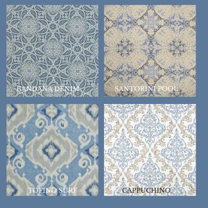 May include: Four fabric swatches with different patterns in shades of blue and beige. The swatches are labelled "Bandana Denim", "Santorini Pool", "Tofino Surf", and "Cappuccino".
