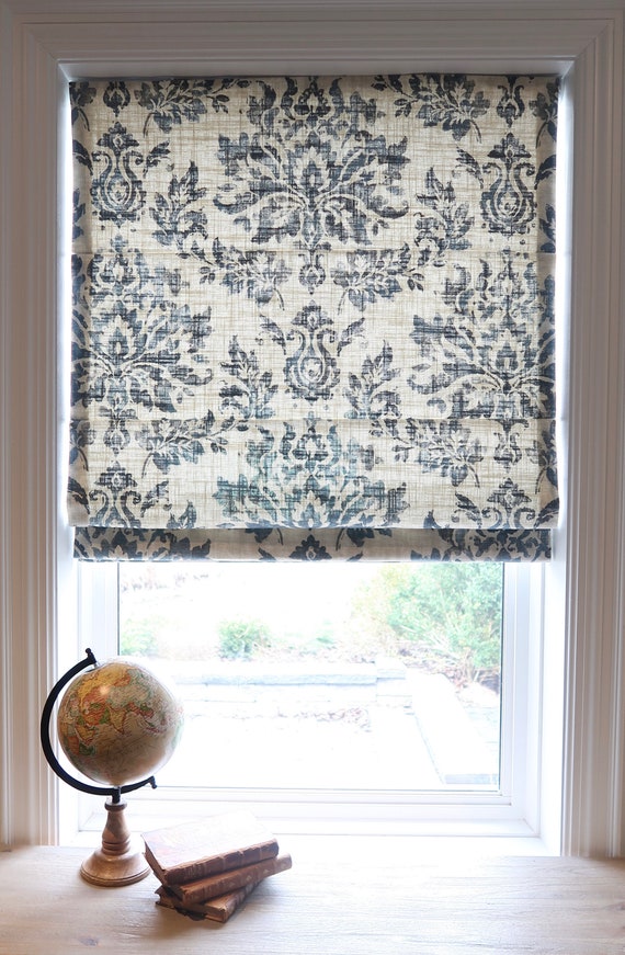 Damask Patterned Roman Shade 100 Linen Blinds Window Shades Exclusive Contemporary Blackout Cotton Blue Navy Handmade Etsy