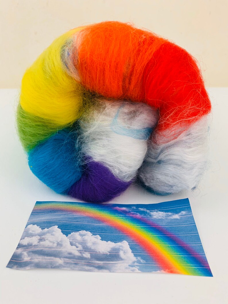 Rainbow Art Batt, Rainbow Sparkle Fiber, Wool Rainbow Batt, Soft Rainbow Fiber, Rainbow Roving, Rainbow Felting Fiber, Art Yarn Fiber Batt image 2