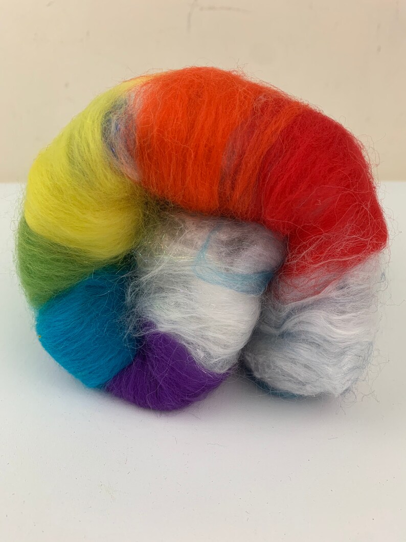 Rainbow Art Batt, Rainbow Sparkle Fiber, Wool Rainbow Batt, Soft Rainbow Fiber, Rainbow Roving, Rainbow Felting Fiber, Art Yarn Fiber Batt image 4