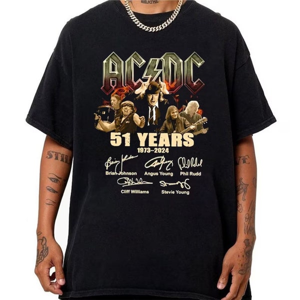 Camicia grafica 51 anni ACDC 1973-2024, camicia Tour 2024, regali per i fan della camicia ACDC Rock Band firmata, camicia Acdc Band Tour 2024, camicia Acdc