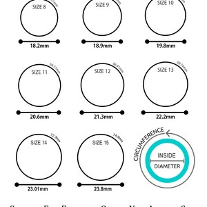 May include: A chart showing different ring sizes with corresponding inside diameter and circumference measurements in millimetres. The chart is labelled "Circles for Example Only - Not Actual Size".