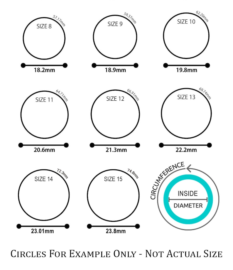 May include: A chart showing different ring sizes with corresponding inside diameter and circumference measurements in millimetres. The chart is labelled "Circles for Example Only - Not Actual Size".