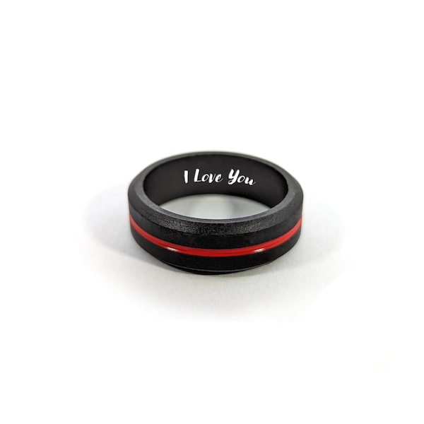 CUSTOMIZED Thin Red Line Silicone Ring Band Safety Heat Resistant Work Ring - Engrave Any Text, Symbols or Images - Ships Free Next Day