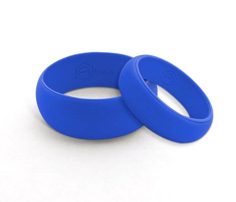 AERA His & Hers Blue Silicone Wedding Band Engagement Ring Set Hypoallergenic Athletic Active Wear Mens Womens Jewelry Fast Free Shipping image 1