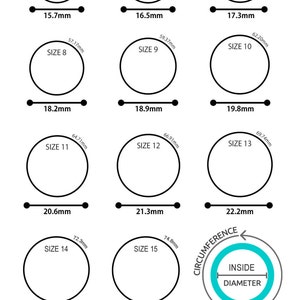 May include: A chart showing different ring sizes with corresponding inside diameter measurements in millimeters. The chart is labeled "Circles for Example Only - Not Actual Size".
