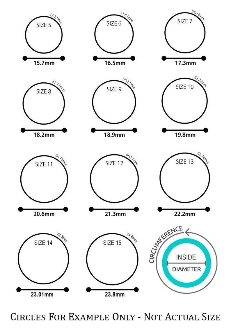 May include: A chart showing different ring sizes with corresponding inside diameter measurements in millimeters. The chart is labeled "Circles for Example Only - Not Actual Size".