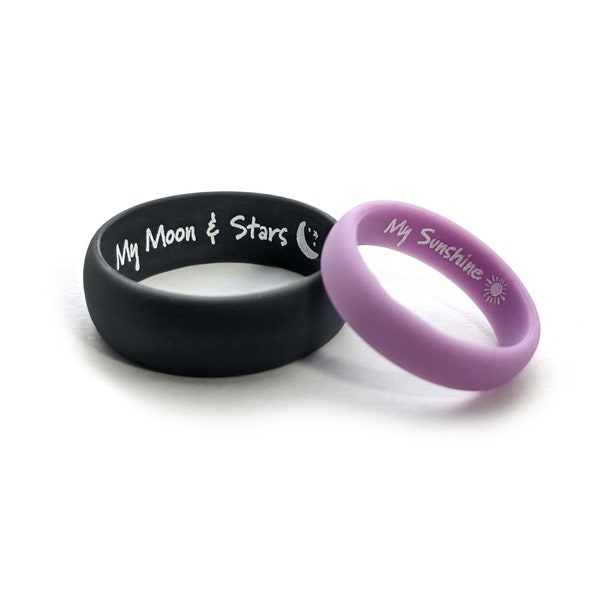 His & Hers Personalized Silicone Wedding Ring Set Custom Engraving All Sizes Available Any Text, Image or Symbol - Aera Rings Made in USA