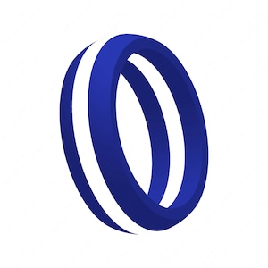 May include: A blue and white ring with a white stripe around the center. The ring is made of a smooth, glossy material.