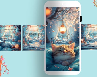 Fondo de pantalla de gato acogedor: Noche estrellada, flores de cerezo (descarga digital)
