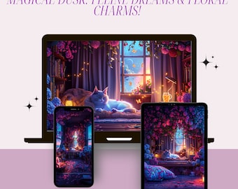 Fondo de pantalla de gato mágico al atardecer: Floral para Apple Watch, iPad, portátil y móvil (descarga digital)