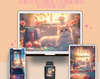 Sueño sereno: ¡Un paraíso con bigotes! Set de fondos de pantalla digitales para Apple Watch, iPad, portátil y móvil.