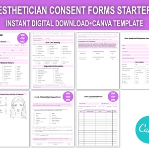 Könnte beinhalten: Ein Satz druckbarer Formulare für Kosmetikerinnen, darunter ein Kundenaufnahmeformular, eine Hautpflegehistorie, eine Krankengeschichte, eine Hautanalyse, ein Covid-19-Haftungsausschlussformular und ein Kundenbehandlungsprotokoll. Die Formulare sind für die Verwendung mit Canva konzipiert.