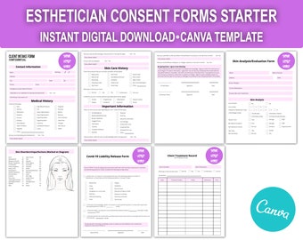 Formularios editables de análisis, consulta, evaluación, admisión de clientes y exención de responsabilidad por consentimiento para negocios de clínicas esteticistas sobre el cuidado facial de la piel