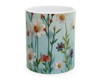 Elegancia bordada - Taza de cerámica floral, (11oz)