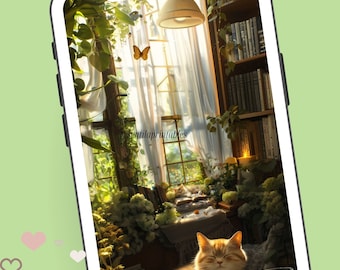Fondo de pantalla digital "Rincón de lectura de gatos": Fondo de pantalla tranquilo para Apple Watch, iPad y portátil