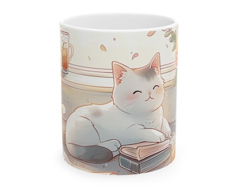 Taza acogedora de gato y libros – Taza de cerámica ilustrada (325 ml)