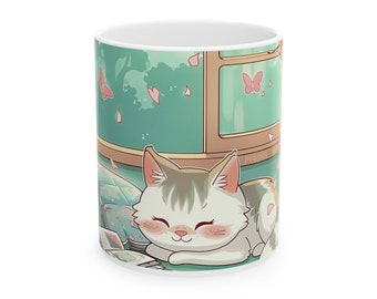 Cozy Catnap - Taza de cerámica con sueños de flor de cerezo, (11 oz)