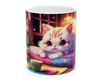 Taza de cerámica con diseño de gato caprichoso: diseño de luz de luna, regalo para amigos (325 ml)