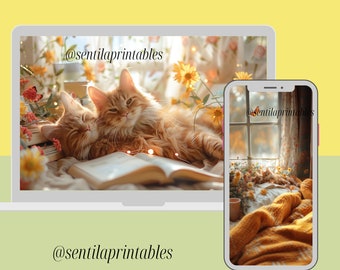 Fondo de pantalla de gatos acogedores: Escena floral en la ventana para Apple Watch, iPad y portátil (descarga digital)