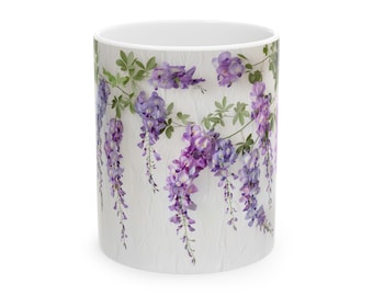 Whispers of Wisteria - Taza de cerámica floral encantada, (11 oz)