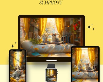 Fondo de pantalla digital floral felino: Arte felino sereno (descarga digital)