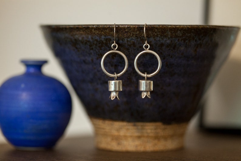 Modern Sterling Silver Squash Blossom Hoop Dangle Earrings